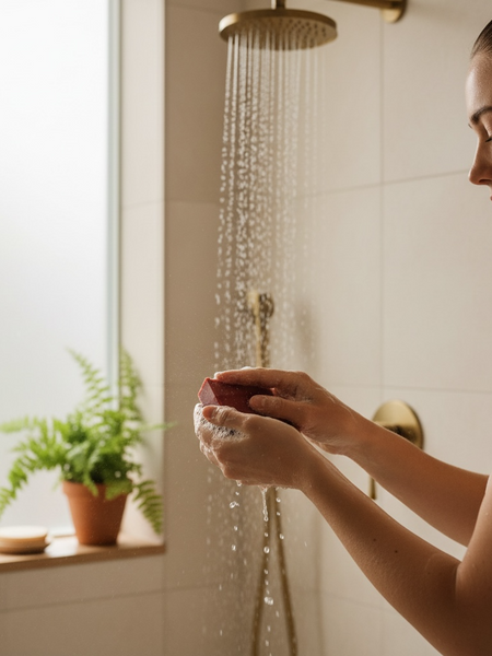 Woman using Black Cherry Silk soap bar in the shower for a luxurious cleansing experience