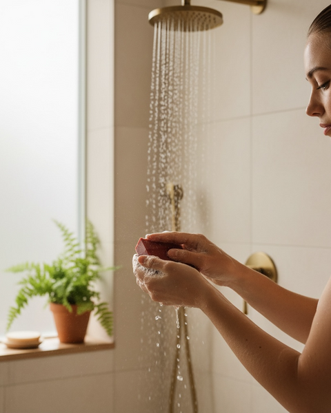 Woman using Black Cherry Silk soap bar in the shower for a luxurious cleansing experience
