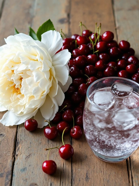 Black Cherry silk soap bar inspired image with fresh cherries, white flower, and a glass of ice water on wooden surface