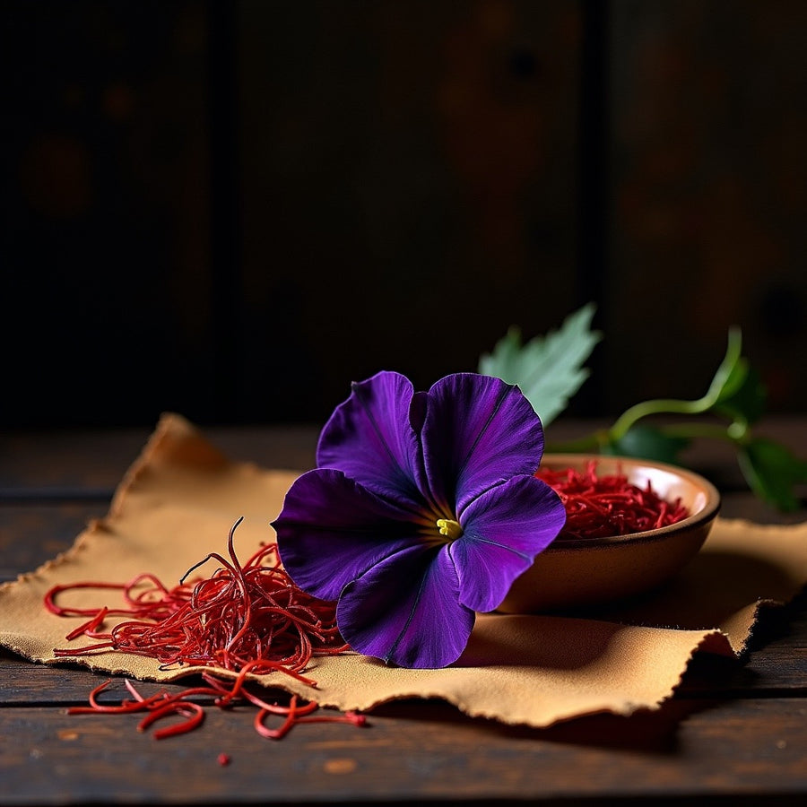 Black Saffron dupe roll on perfume inspired by saffron threads and purple flower on fabric