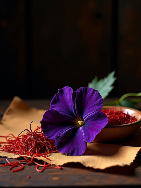 Black Saffron dupe roll on perfume inspired by saffron threads and purple flower on fabric