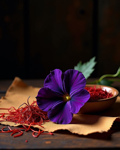 Black Saffron dupe roll on perfume inspired by saffron threads and purple flower on fabric