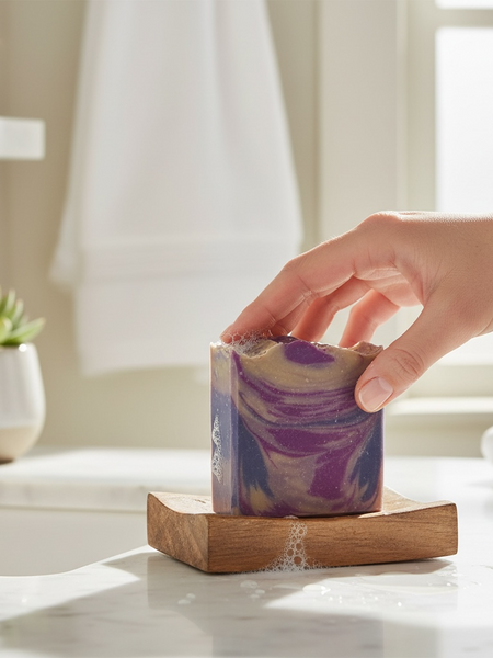 Blanche Bete inspired Soap Bar in Purple Swirls with a Hand Reaching for It on a Wooden Dish