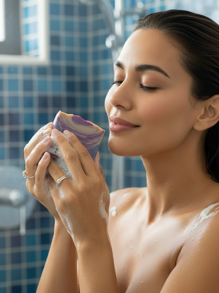 Woman enjoying Sultry Scents Blanche Bete inspired Soap Bar in a modern shower setting