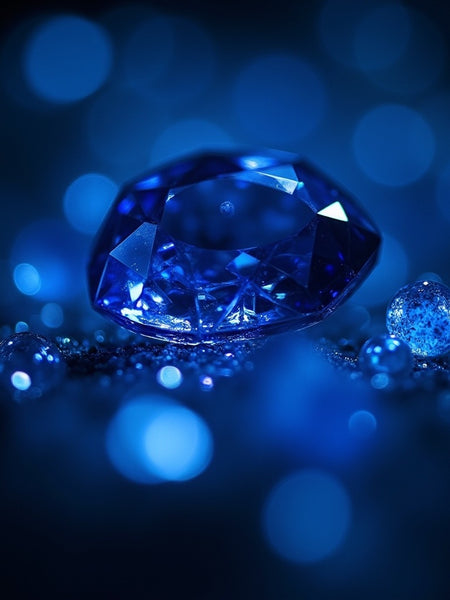 Blue sparkling gemstone surrounded by smaller shiny blue gems symbolizing Bleu de Chanel dupe roll on perfume