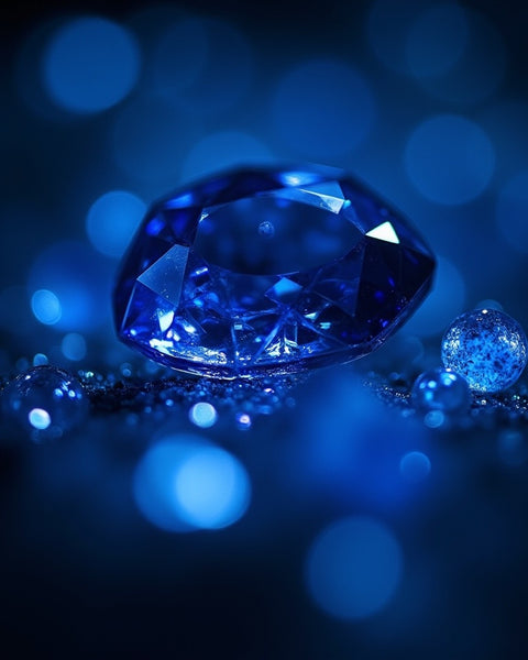 Blue sparkling gemstone surrounded by smaller shiny blue gems symbolizing Bleu de Chanel dupe roll on perfume