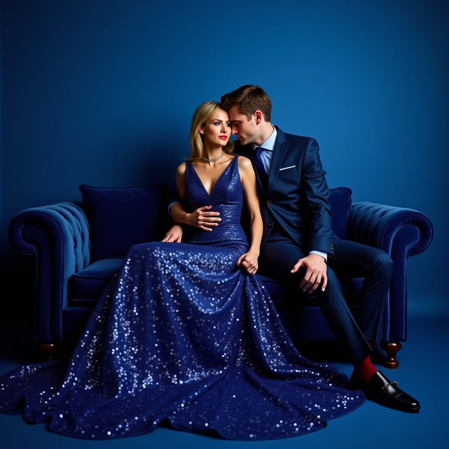 Elegant couple dressed in blue formal attire conveying sophistication for Bleu de Chanel dupe roll on perfume
