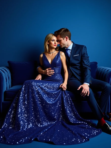 Elegant couple dressed in blue formal attire conveying sophistication for Bleu de Chanel dupe roll on perfume