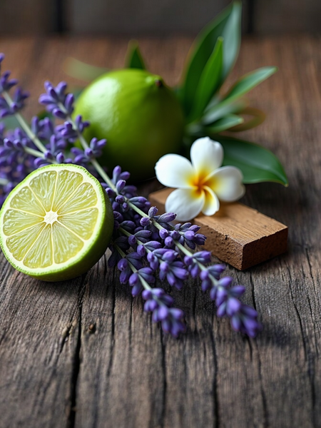 Fresh lime, lavender sprigs, plumeria flower, and wood on rustic table for Bleu de Chanel dupe roll on perfume