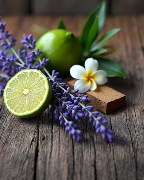 Fresh lime, lavender sprigs, plumeria flower, and wood on rustic table for Bleu de Chanel dupe roll on perfume