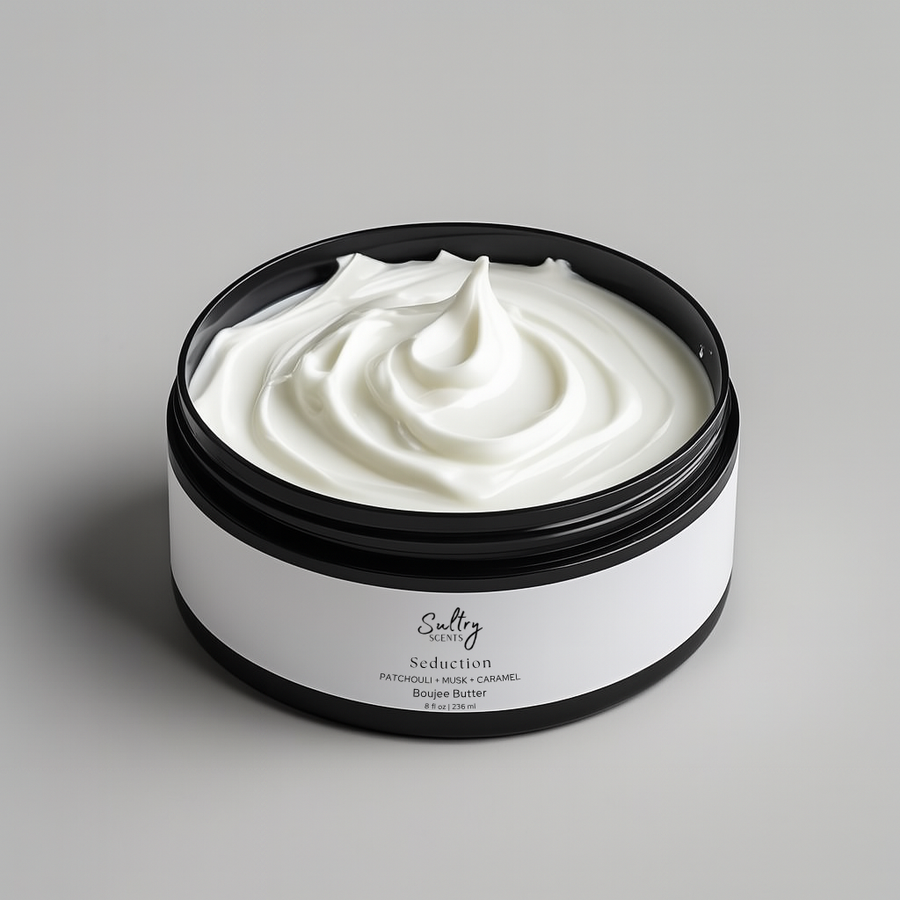 Sultry Scents Boujee Butter Body Cream Inspired by Diva Scent in black jar with creamy white body butter inside