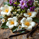 Boutique Hotel Inspired Room Spray featuring fresh gardenia, vanilla pods, and mixed wildflowers on rustic wood