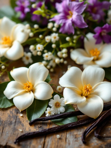 Boutique Hotel Inspired Room Spray featuring fresh gardenia, vanilla pods, and mixed wildflowers on rustic wood