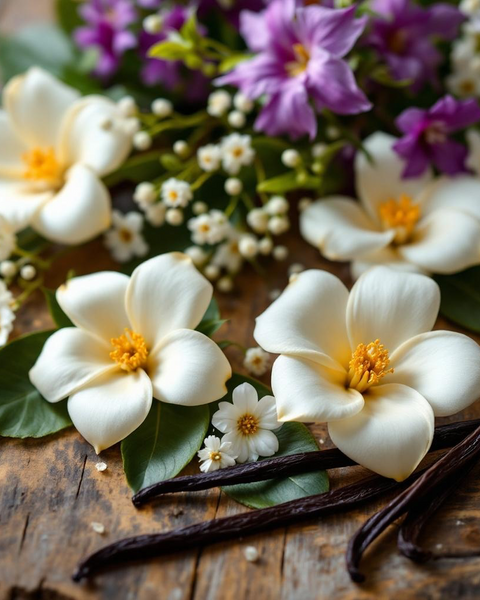 Boutique Hotel Inspired Room Spray featuring fresh gardenia, vanilla pods, and mixed wildflowers on rustic wood
