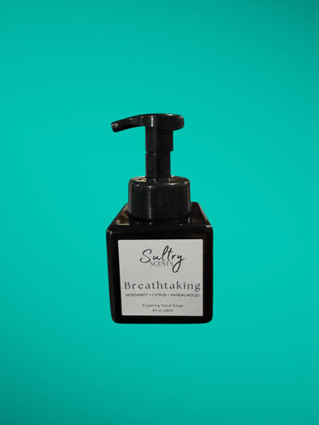 Sultry Scents Breathtaking citrus sandalwood foaming hand soap in a black pump bottle