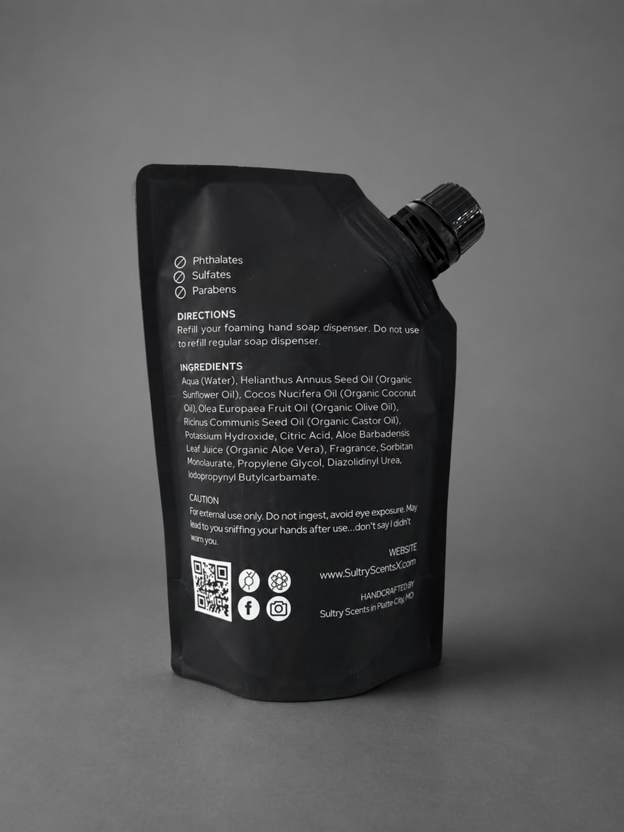 Back of foaming hand soap refill pouch with easy dispensing features