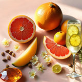 Breathtaking citrus sandalwood foaming hand soap ingredients with fresh grapefruit, melon, citrus fruits, flowers, and a sparkling lemon drink