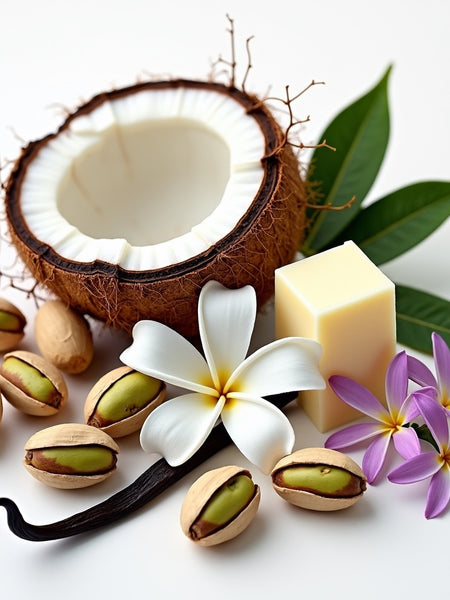 Bum bum dupe perfume oil ingredients with coconut, pistachios, vanilla bean, flowers, and cream square