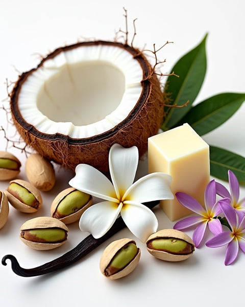Bum bum dupe perfume oil ingredients with coconut, pistachios, vanilla bean, flowers, and cream square