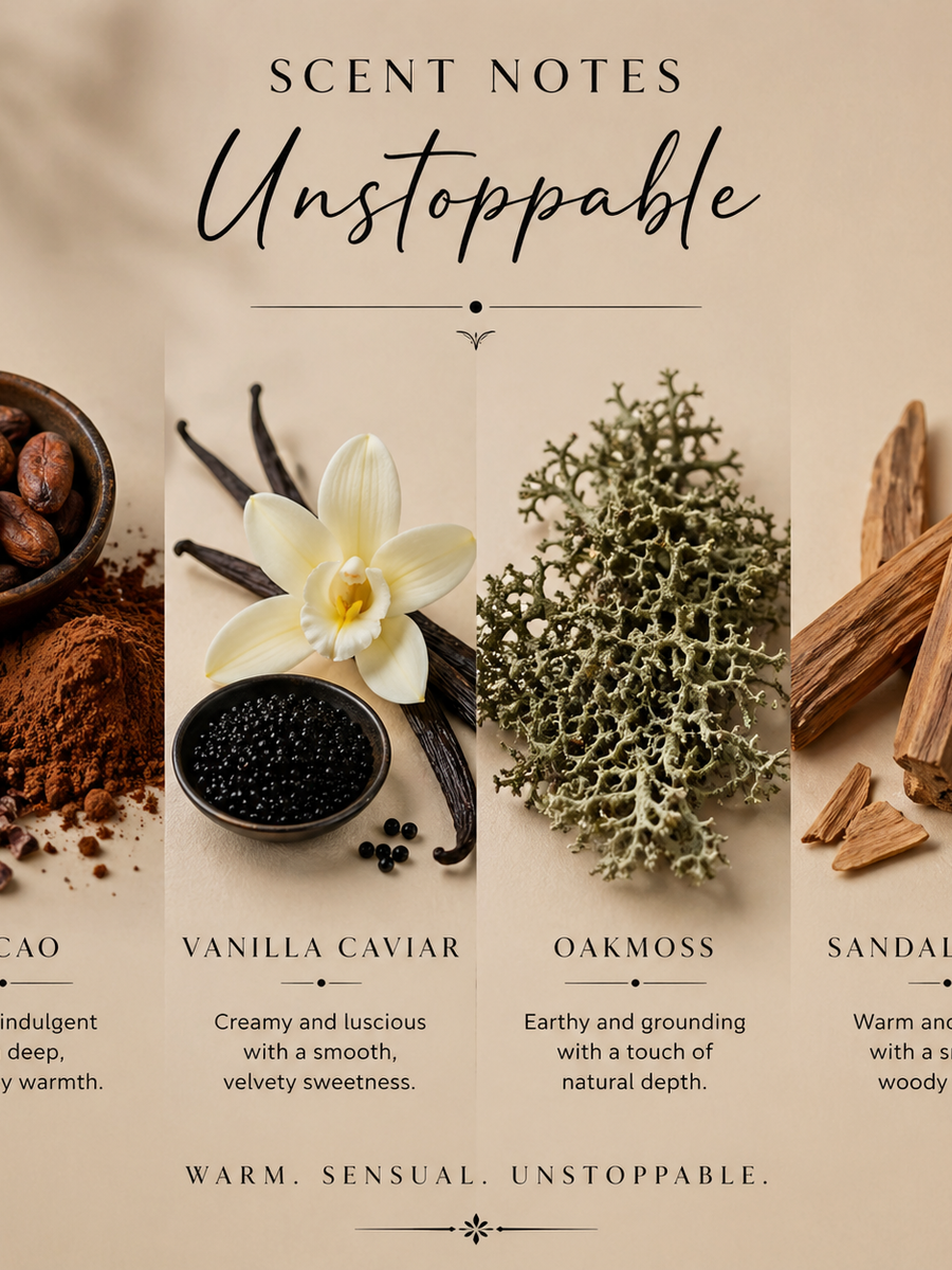 Scent notes for Burberry Goddess roll on perfume dupe featuring cacao, vanilla caviar, oakmoss and sandalwood