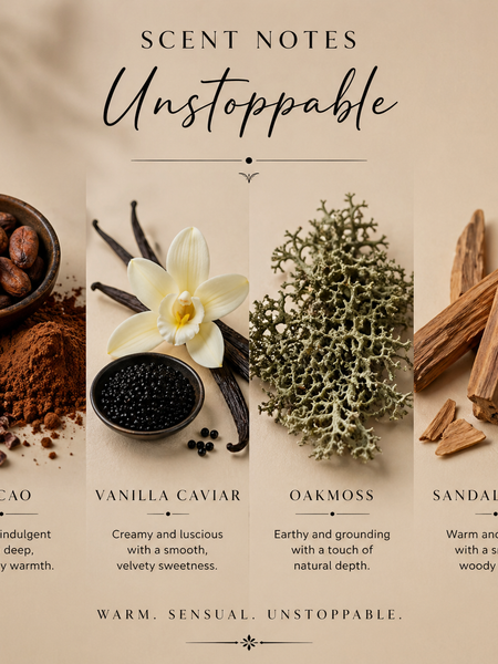Scent notes for Burberry Goddess roll on perfume dupe featuring cacao, vanilla caviar, oakmoss and sandalwood