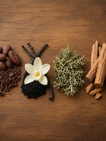 Natural ingredients for Burberry Goddess roll on perfume dupe including cacao, vanilla, lichen, and wood