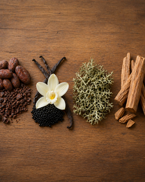 Natural ingredients for Burberry Goddess roll on perfume dupe including cacao, vanilla, lichen, and wood