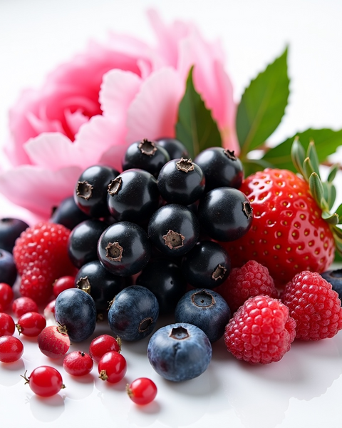 Fresh mixed berries and pink flower representing Burberry Her dupe roll-on perfume scent notes by Sultry Scents