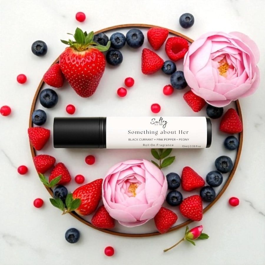 Sultry Scents Burberry Her dupe roll-on perfume with fresh strawberries blueberries and pink flowers