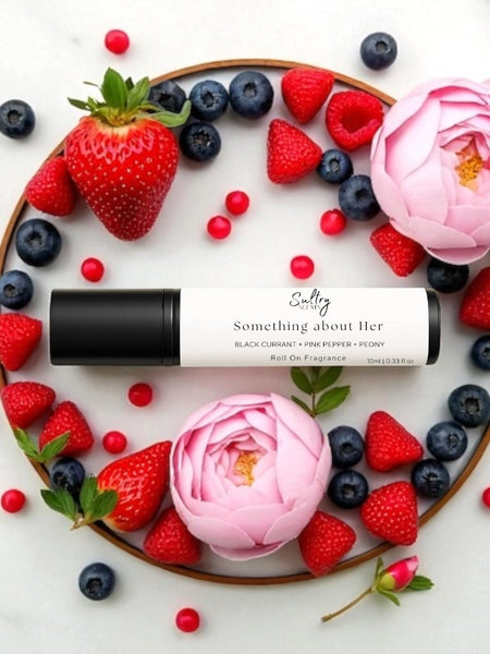 Sultry Scents Burberry Her dupe roll-on perfume with fresh strawberries blueberries and pink flowers