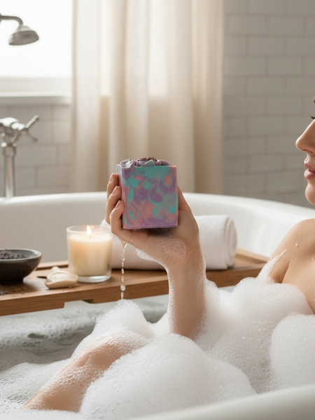 Woman in a luxurious bath holding Butterfly pea flower soap with bubbles and candles in the background