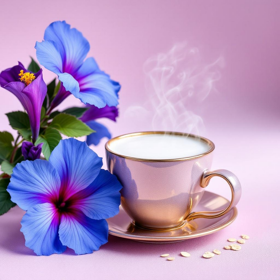 Butterfly pea flower soap inspired blue and purple flowers next to a steaming pink teacup on a pastel background