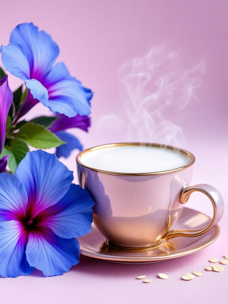 Butterfly pea flower soap inspired blue and purple flowers next to a steaming pink teacup on a pastel background