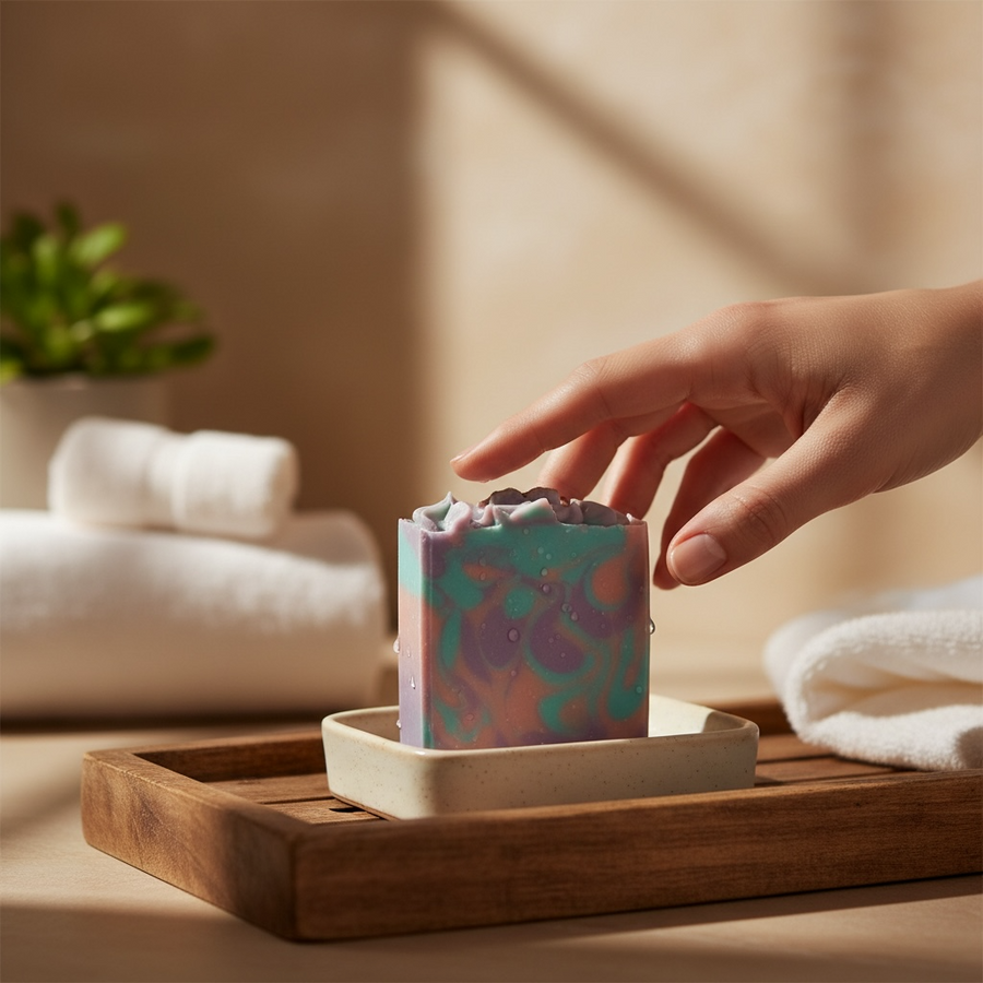 Sultry Scents Butterfly pea flower soap with vibrant colors and decorative design on a wooden tray