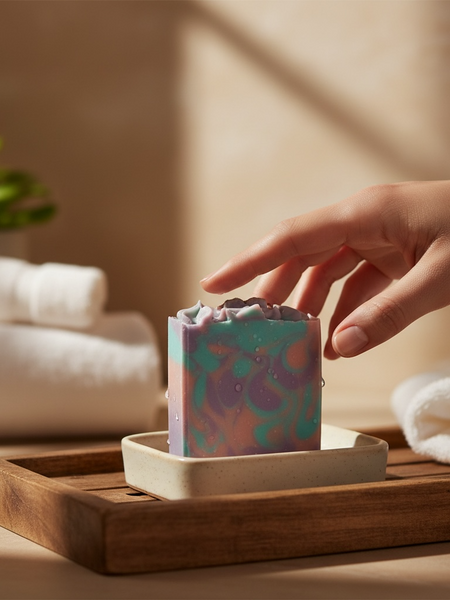 Sultry Scents Butterfly pea flower soap with vibrant colors and decorative design on a wooden tray