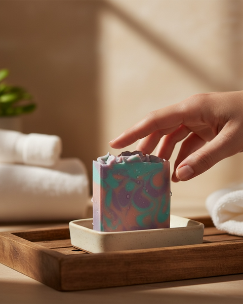 Sultry Scents Butterfly pea flower soap with vibrant colors and decorative design on a wooden tray