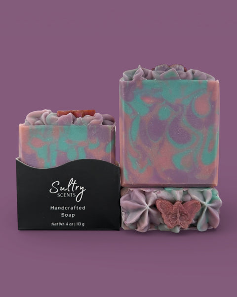Sultry Scents Butterfly Pea Flower Soap in elegant purple and teal swirls with decorative accents