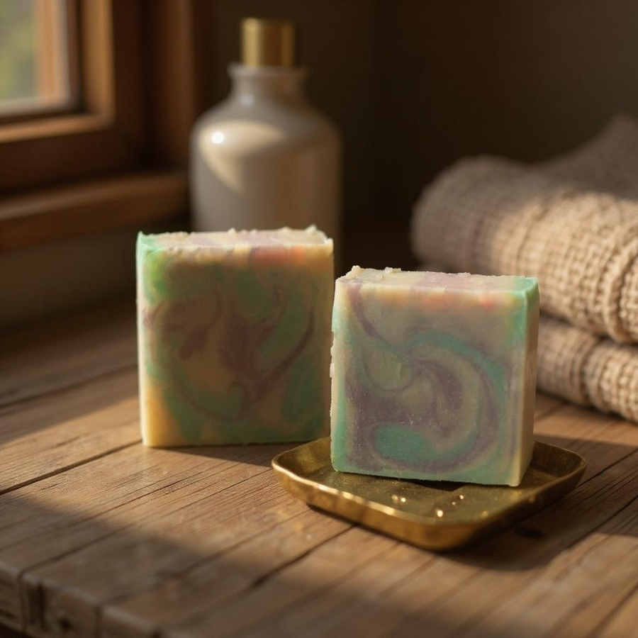 Sultry Scents butterfly pea flower soap bars with swirled pastel colors on wood surface near towels