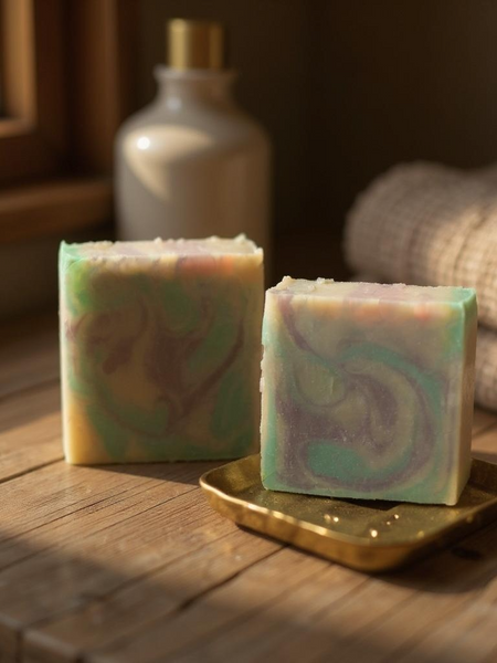 Sultry Scents butterfly pea flower soap bars with swirled pastel colors on wood surface near towels