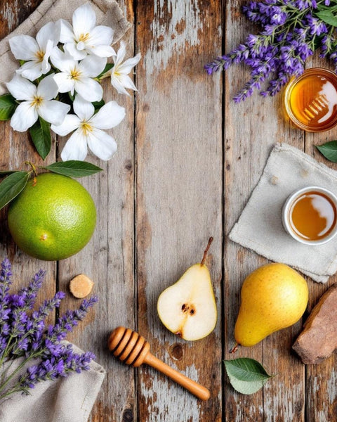 Sultry Scents Westin Hotel inspired Room Spray featuring pear honey lavender jasmine and tea notes on rustic wood background