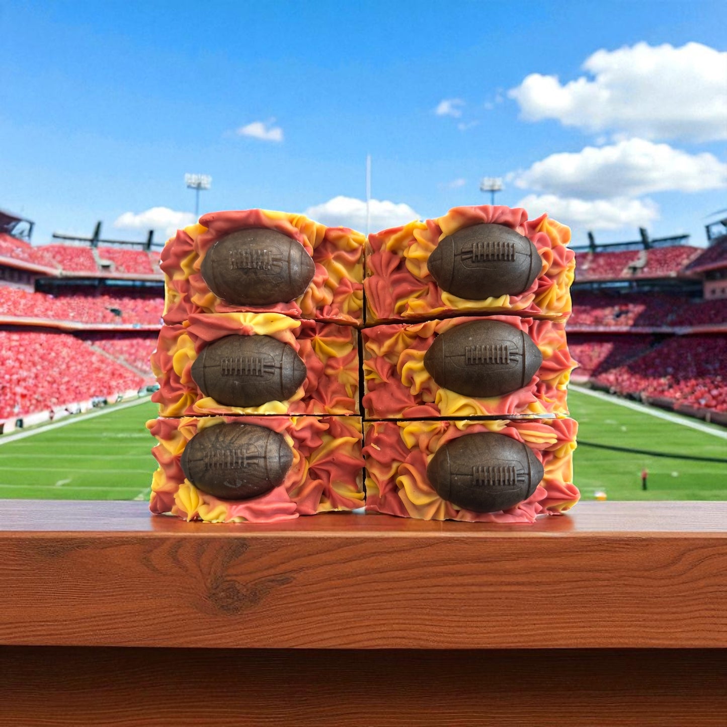 Chiefs Tight End soap inspired by Louis Vuitton Meteore with a football design and vibrant colors