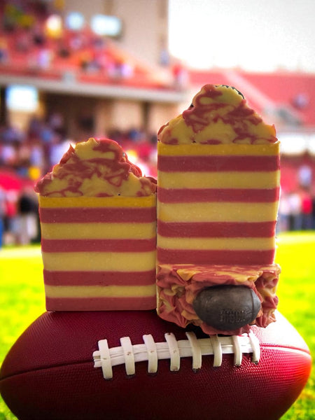 Chiefs Tight End soap inspired by Louis Vuitton  Meteore with vibrant yellow and red stripes