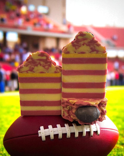 Chiefs Tight End soap inspired by Louis Vuitton  Meteore with vibrant yellow and red stripes