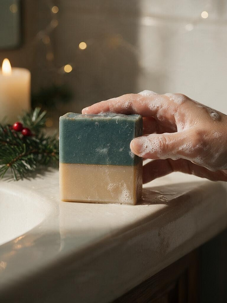 Christmas Tree Scented Soap in Hand with Soft Bubbles by a Candle and Holiday Greens