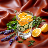 Glass of water with orange and cucumber slices surrounded by lavender and green leaves representing citrus cucumber foaming hand soap scent