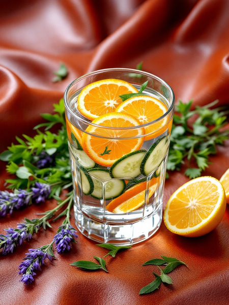 Glass of water with orange and cucumber slices surrounded by lavender and green leaves representing citrus cucumber foaming hand soap scent