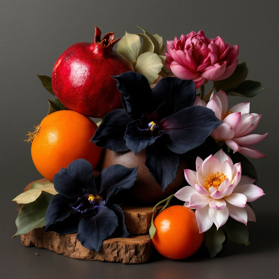 CK Euphoria inspired body spray with floral and fruity notes displayed with vibrant flowers and fruits