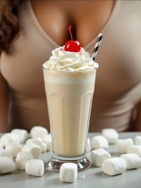 Commodity Milk inspired roll on perfume displayed next to a milkshake topped with whipped cream and a cherry