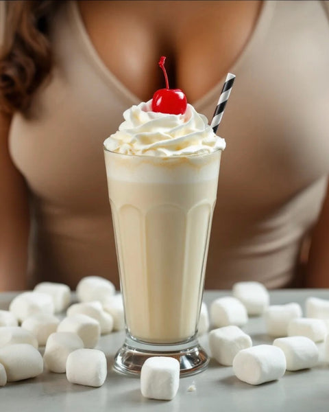 Commodity Milk inspired roll on perfume displayed next to a milkshake topped with whipped cream and a cherry