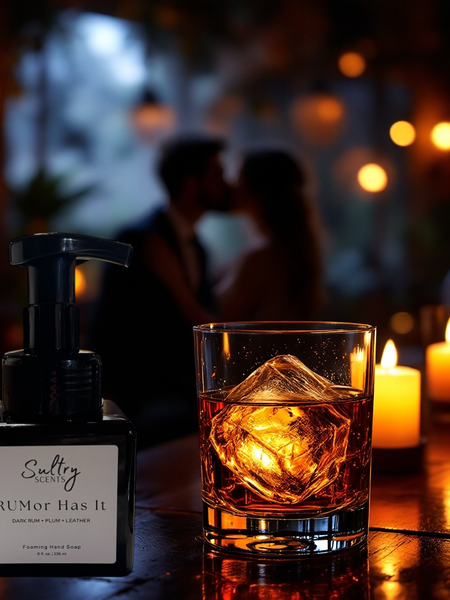 Sultry Scents Dark Rum inspired luxury hand soap bottle next to glass of rum with ice and candles